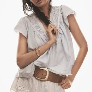 Anthropologie Linen blend Short-Sleeve smocked BLOUSE shirt